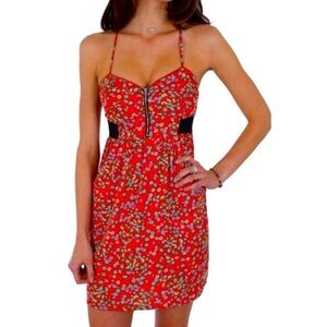 Billabong Red Floral Zip Front Sundress Boho Empire Waist Mini Dress S